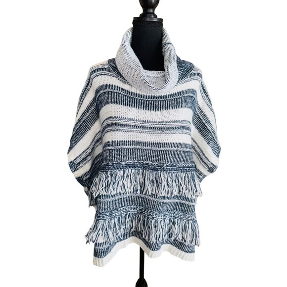 Linda Anderson Striped Cowl Neck Blue White Poncho Fringe One Size Sweater boho - Picture 8 of 10